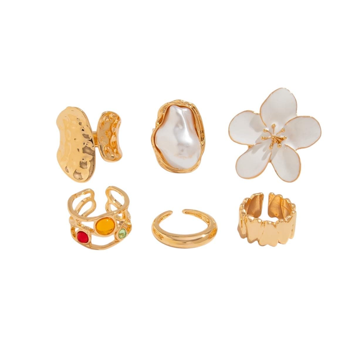 Aaishwarya Gold Plated Pearl and Floral Stack Rings (Set of 6) | Statement Jewelry | Bold & Chunky | Anti-Tarnish Jewels | Trendy Boho Stackable Ring for Women & Girls | Boho Beach Accessory