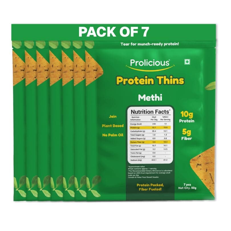 Prolicious Thins Methi High Protein Chips | Upgrade Your Snacking | 10g Protein + 5g Fibre | Same Crunch, Snack Smarter | Plant Based, Jain | No Palm Oil | 50g, Pack of 7