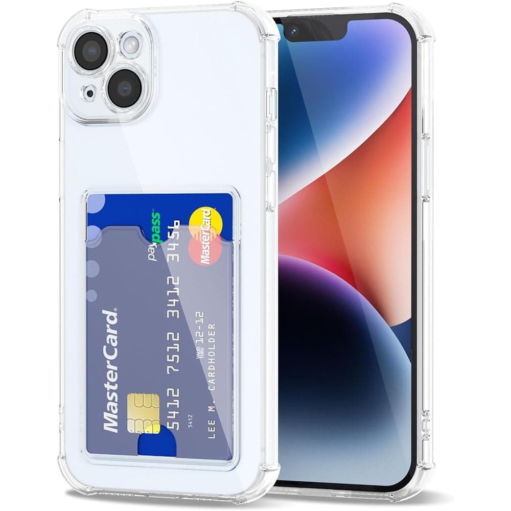 Amazon Brand-Solimo Premium Shockproof Transparent TPU Back Case Cover with Built-in Slim Card Holder Wallet for Apple iPhone 14 Plus - Clear