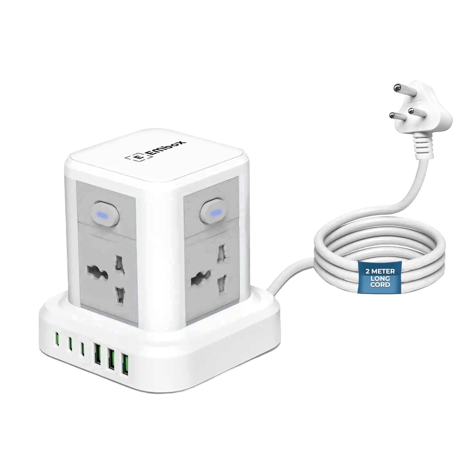 Embox Extension Board with USB Type C | 2500W Extension Cord with 4 Universal Sockets & 6 USB Ports(3 Type A+3 Type C)| Extension Board with Switches Surge Protector Safety Shutter LED Indicator