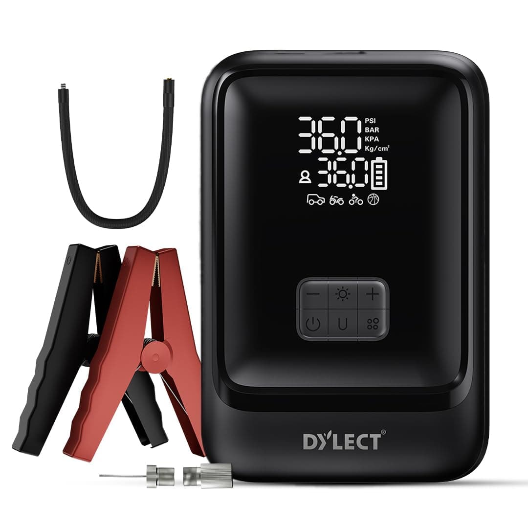 Dylect® AIR NOVA 4-in-1 Jump Starter & Tyre Inflator for Car and Bike | 1000A Peak | 12,000 mAh Power Bank | 160 PSI | Dual Display & Auto Cut-Off | LED Light | Type-C Fast Charge