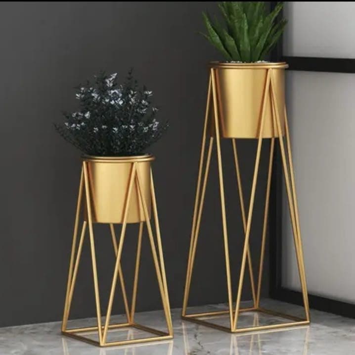 Brass Industry Iron Metal Indoor Out Door Bedroom Home Office Planter Pot Tall Stand with Planter for Living Room, Balcony Flower Pot Stand Set of 2 (Gold)