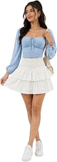 Women's High Waist Tiered Mini Skirt | Ruffle Flowy A-Line Elastic Smocked Waist Casual Summer Short Skirt | White (Free Size)
