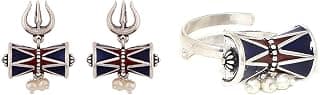 VOYLLA Moksha Damru Trishul Earrings & Voylla Brass Silver Moksha Damru Adjustable Ring for Women and Girls