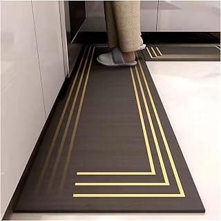 HomeCloud Rubber Rectangular Kitchen Mats for Floor Set of 2 Pcs | Non-Skid, Soft Absorbent Rugs for Kitchen, Laundry, and Hallway | 120x40cm, 40x60cm| 4mm Thickness (Gold_Linning_Black)