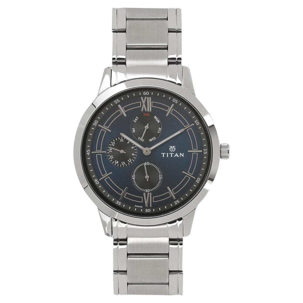 Titan Workwear Quartz Multifunction Midnight Blue Dial Silver Stainless Steel Strap Watch for Men - NT1769SM01