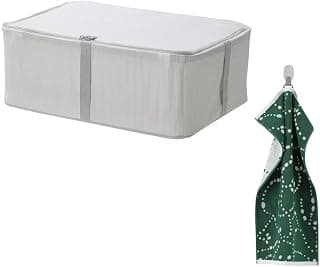 Ikea HEMMAFIXARE Storage case, fabric stripe/white/gray, 34x51x19 cm. with AROMATISK Hand towel, green, 40x70 cm