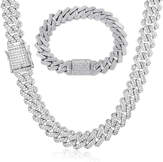 MEENAZ Chain for Men Stylish Mc Stan Chain Cuban Link gents necklace for men Iced Cubic Zirconia diamond chain Silver Chain for men hand Bracelet for men Long Stainless Steel Ice Hip hop Rapper 465