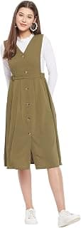 WineRed Women Soild Pinafore Dress with Button