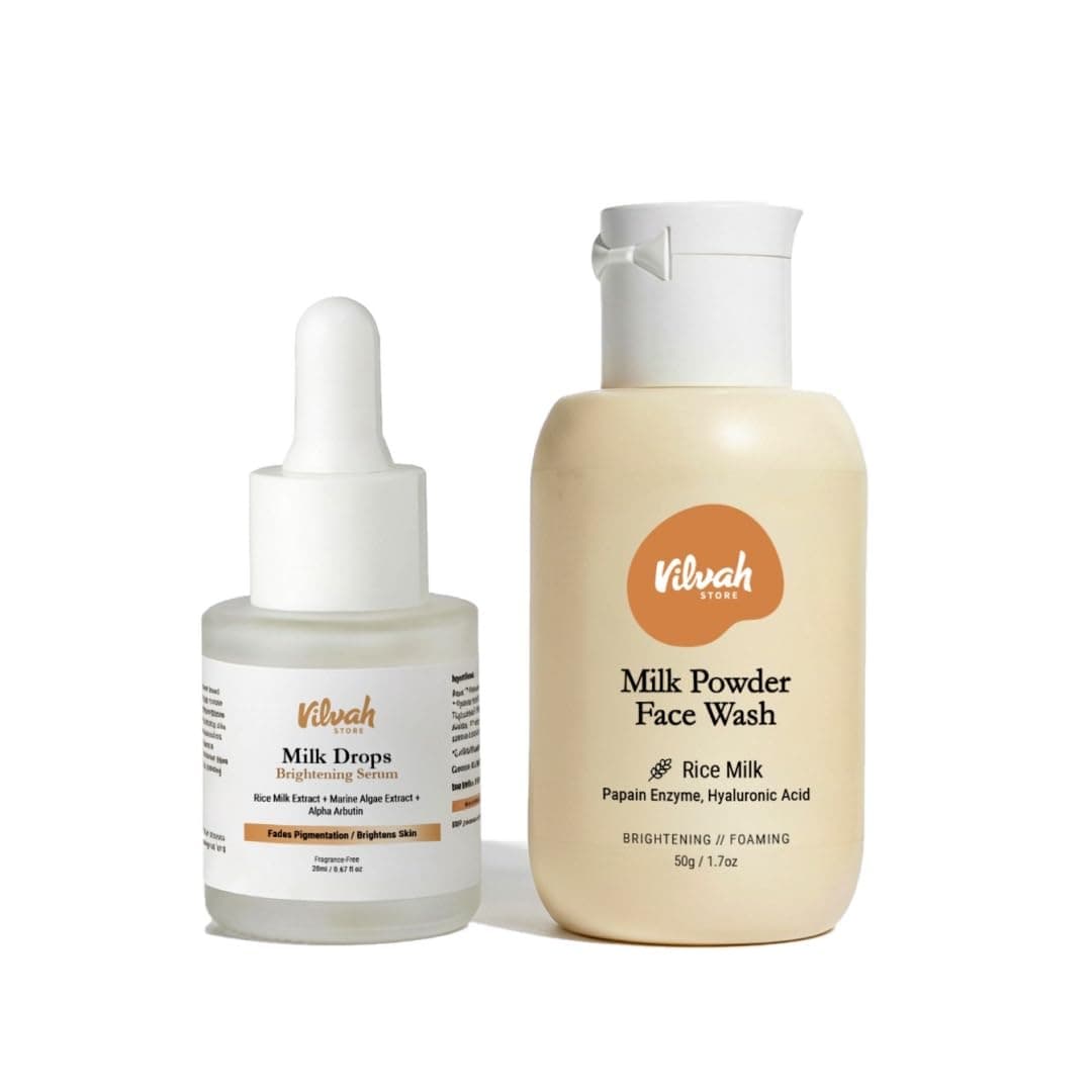 Vilvah Face Brightening Combo | Milk Powder Face Wash (50g) & Milk Drops Brightening Serum (20ml) | Brightens Skin, Evens Tone & Fades Dark Spots | Controls Excess Oil & Reduces Blackheads | For All Skin Types, Unisex