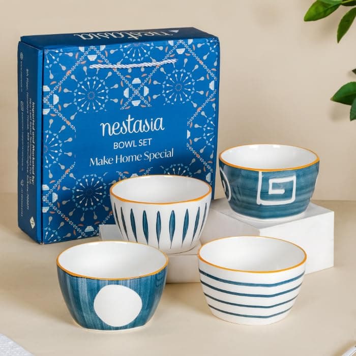 Nestasia 350ml Ceramic Bowl Set of 4 – Microwave & Dishwasher Safe, BPA & Lead-Free Dinner Bowls for Snacks, Rice, Dal, Fruits, Salad | Elegant White & Blue Serving Bowls, Gift-Pack Ideal for Gifting