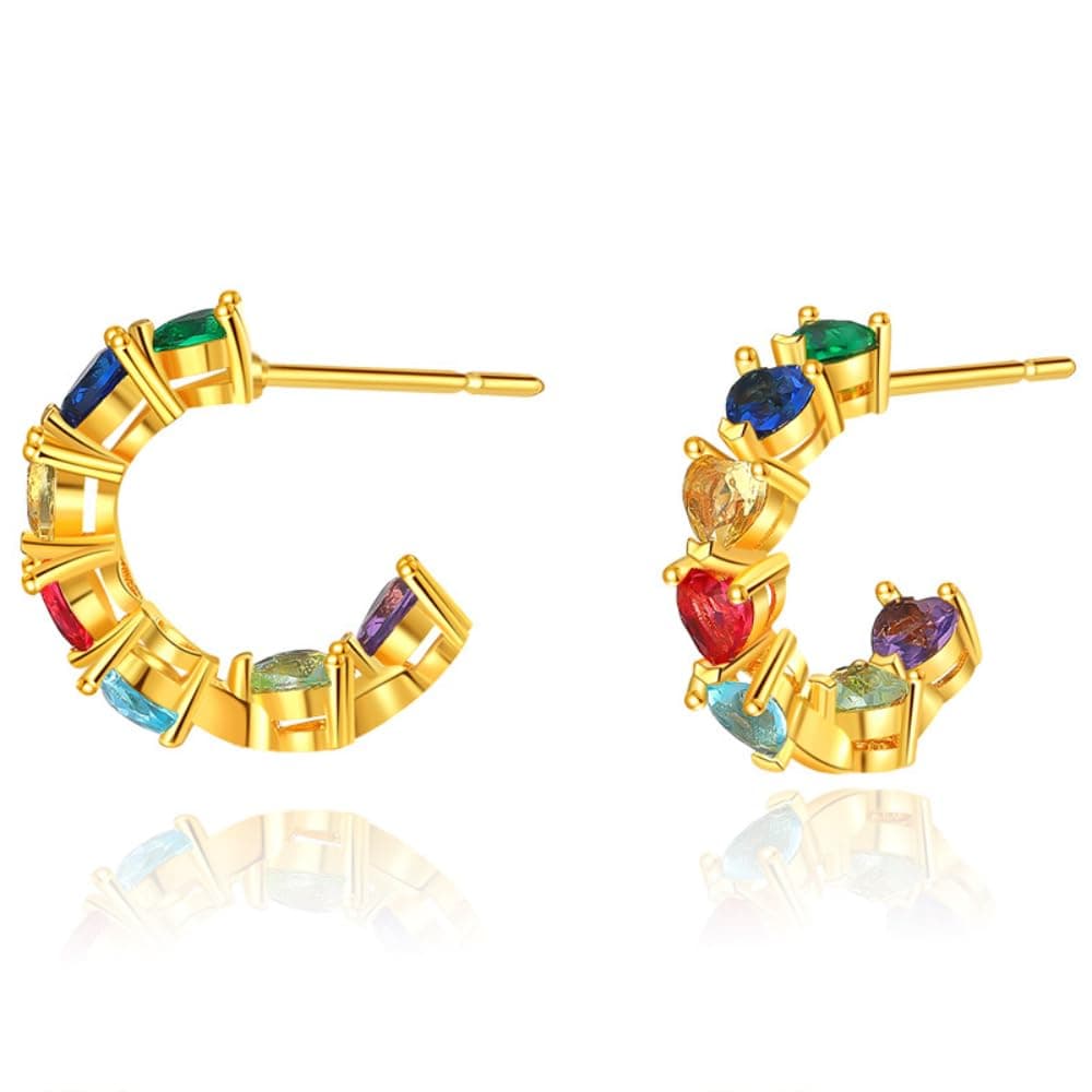 AQUASTREET 18K Gold Plated Multicolor Heart Zircon Half Hoop Earrings | For Women and Girls, Anti-Tarnish, Minimal Dainty Jewelry, Stylish Party Accessory