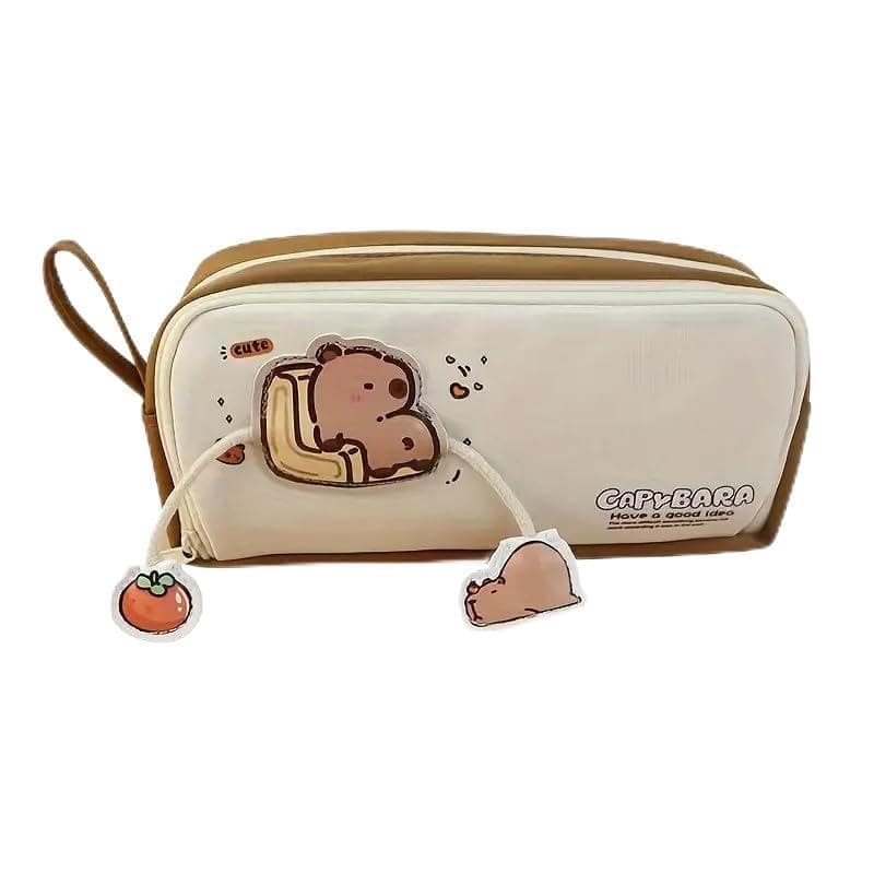 Invite Capybara White Pouch Large Capacity Cartoon Pencil Case Double Layer Cute Aesthetic Pencil Case for Girls Multifunctional Stationery Organizer for School Office (Capybara Brown Pouch)