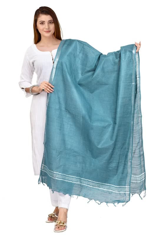 OmenSilks Women's Bhagalpuri Linen Cotton Blend Handloom Dupatta (Stole) with Silver Zari Border