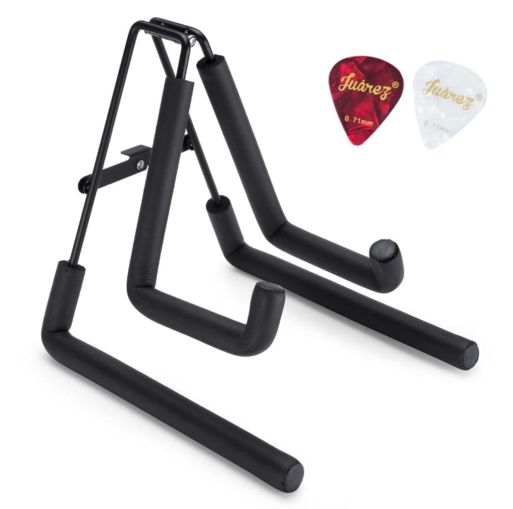 Juarez Ukulele Stand Floor Foldable Standing Holder for Uke Violin Instrument A Frame Metal Thick Sponge Padded Non-slip Portable Black with 2 Picks