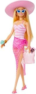 Barbie ​Blonde Doll with Pink and White Swimsuit, Sun Hat, Tote Bag and Beach-Themed Accessories