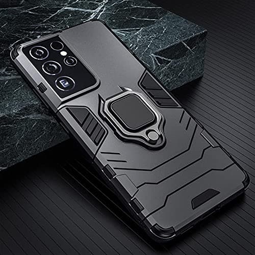 FitSmart Protective Ring Hybrid Robot Hard Back Cover with Ring Kickstand Case for Samsung Galaxy S21 Ultra 5G - Black