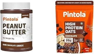 Pintola Peanut Butter Chocolate Flavour Crunchy 1kg - 18.6g Protein & 5.2g Dietary Fiber, Made + PINTOLA 25g High Protein Oats 400g, Dark Chocolate,No Refined Sugar, with Almonds Raisin,