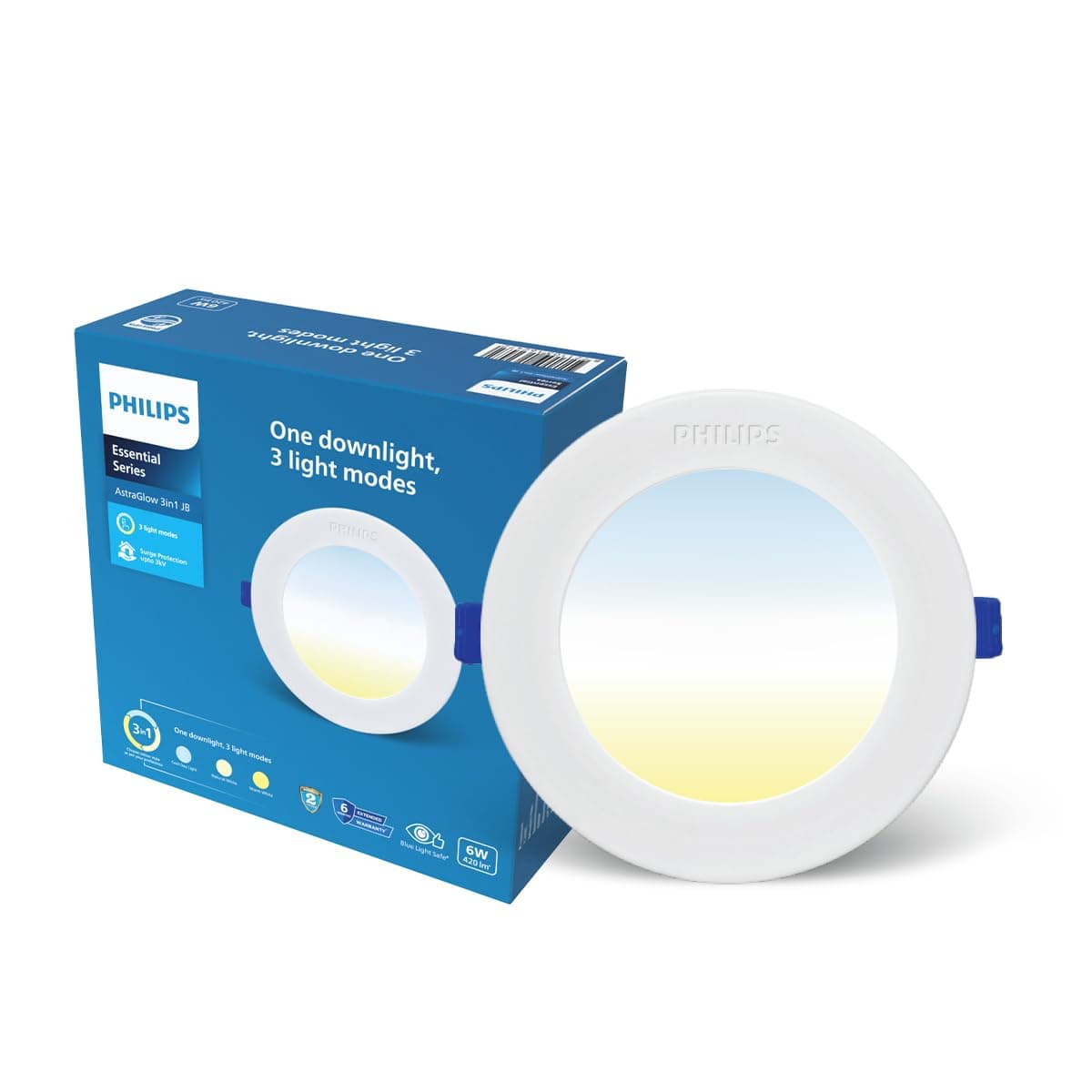Philips 6W AstraGlow 3in1 LED Downlight | Ultra Bright Slim Panel Light | Junction Box Compatible | Energy Efficient LED Ceiling Light for Home & Office | Pack of 1