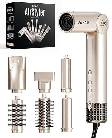OWNAIR 6-in-1 Hair Styler with Dryer – Auto Air Curler, Straightening Brush, Volumizing Round Brush & Curl Enhancer | 110,000 RPM BLDC Motor | 90° Foldable Handle | 360° Swivel Cord | For All Indian Hair Types (Champagne Gold)