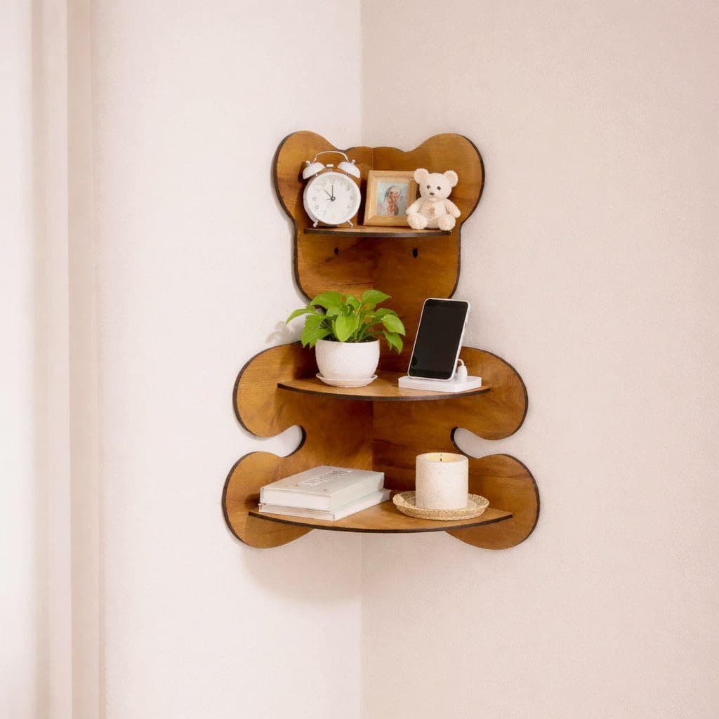 Qukwilaa Wooden Corner wall Shelf for Living Room & Kids Bedroom,Stylish Teddy Bear Shape Stand for Book & Home Decoration Rack for Storage,Office Corner Decoration Items,Floating Wall Shelves