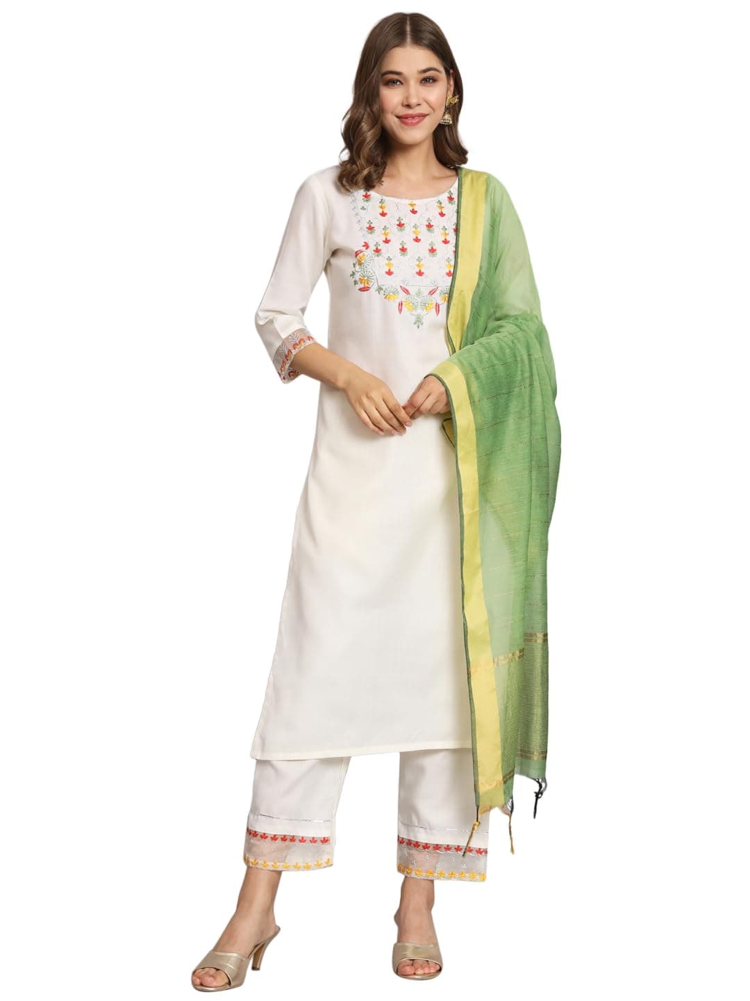 VredeVogel Womens Cotton Blend Embroidery Straight Kurta Set With Pant & Chanderi Dupatta