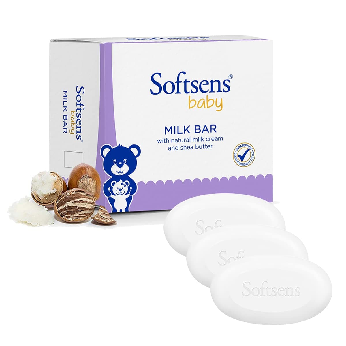Softsens Baby Milk Bar Soap 100g each x 3 (300g) | Gentle Cleansing & Moisturizing | With Natural Milk Cream & Shea Butter | Dermatologically Tested, Hypoallergenic & Free from Parabens, SLS & SLES