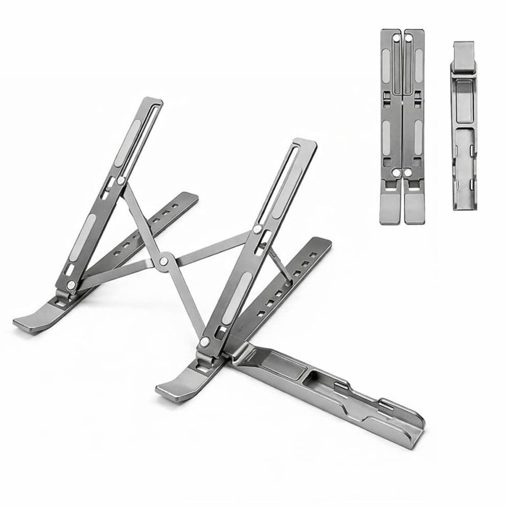 TARKAN 2 in 1 Portable & Foldable Aluminium Laptop Stand + Mobile Stand with Adjustable Height & Angle for Laptops, MacBook, Phones (Silver)