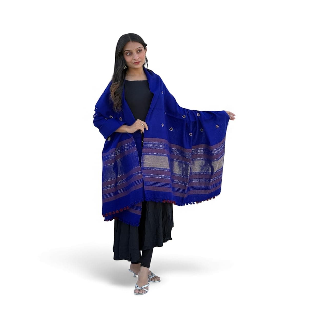 Prijam Elegant Woolen Shawl with Gold Border, Traditional Embroidered Handloom Design Bhujodi Kutch