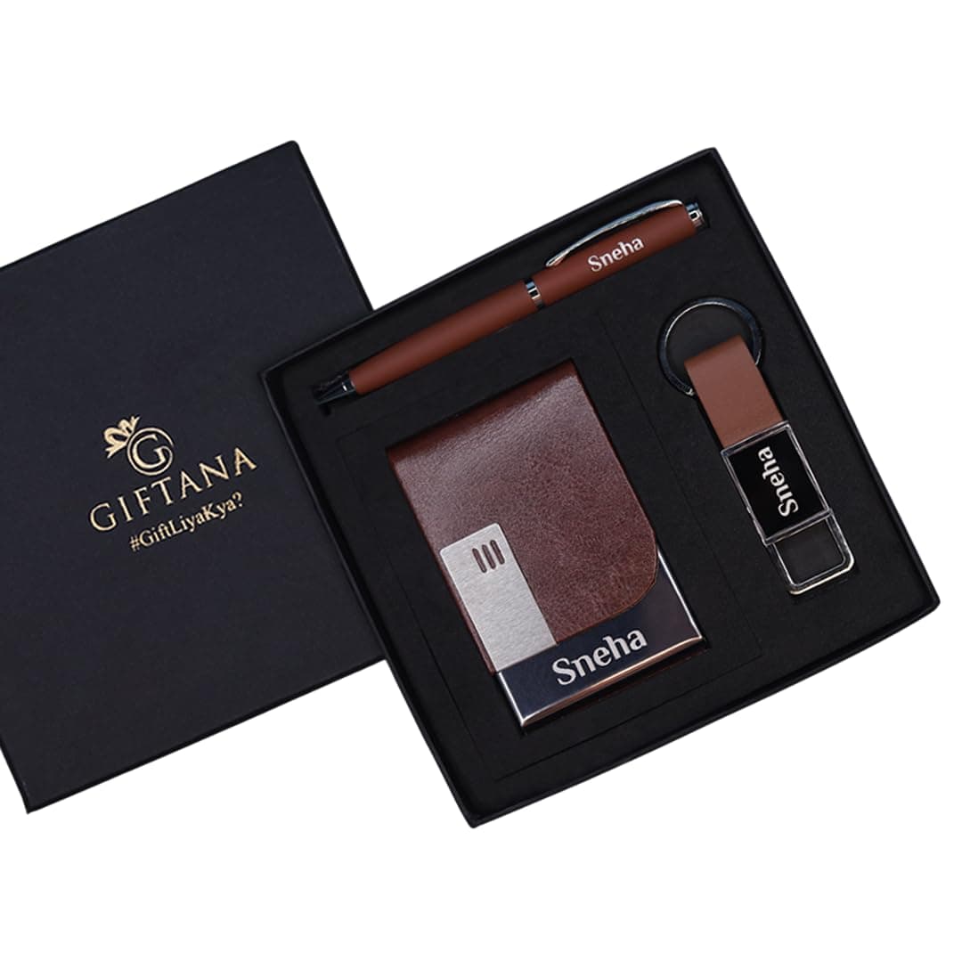 Giftana Personalized Keychain with Pen and Card Holder with Name, 3 in 1 Customized Corporate Gift Set for Men and Women, Personalised Gifts for Employee (Brown)