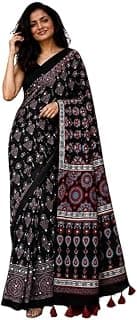 Ajrakh Modal Silk Saree for Women | Mirror Work Black Saree | Gajji Silk Red Pallu Tassels | Designer Sarees for Women Party | Ajrakh Print Saree | Modal Silk Sarees Original