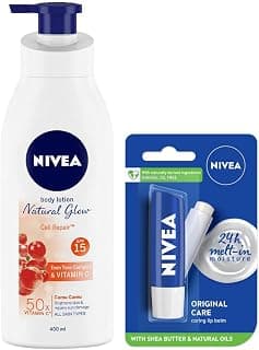 Nivea Body Lotion, Extra Whitening Cell Repair SPF 15, For All Skin Types, 400ml & Lip Balm, Original Care, 4.8g
