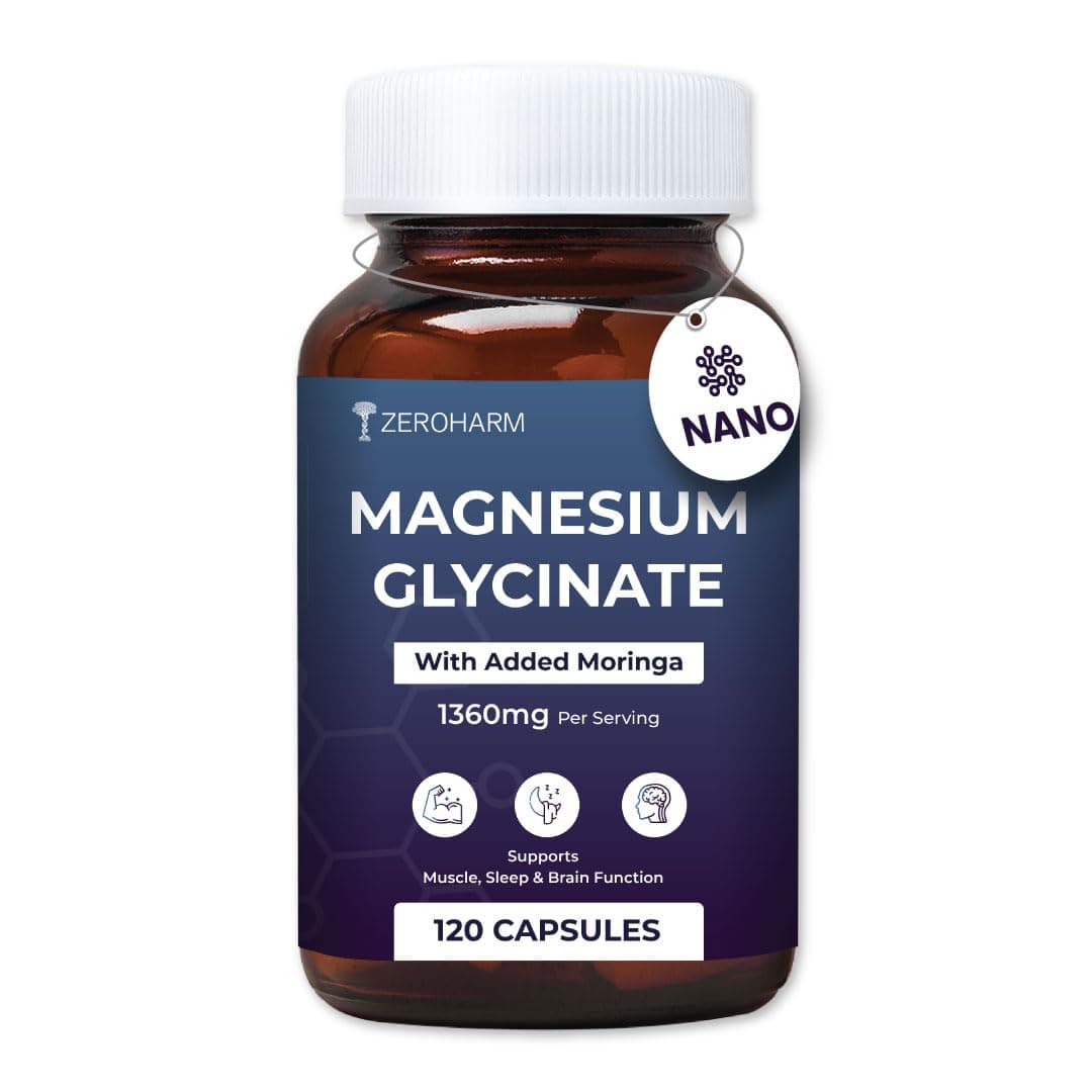 ZEROHARM Magnesium Glycinate Supplement | Plant-based Nano Magnesium Supplement with Moringa | Supports Muscle, Sleep & Brain Function | High Strength 1360mg (132mg Elemental) | 120 Veg Capsules
