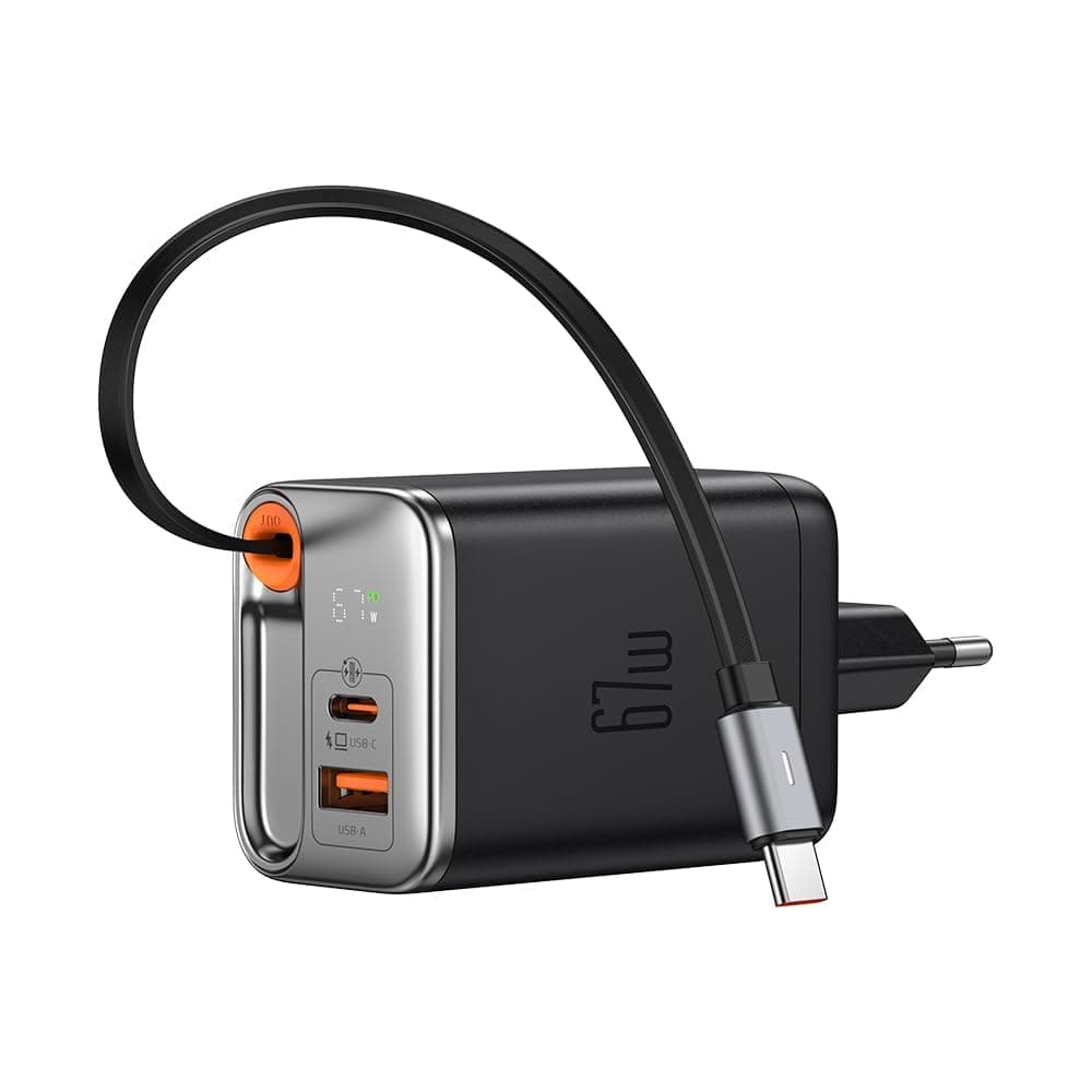 mcdodo 67W USB C Charger With Retractable Type-C Cable, Dual Port (USB A+C) Foldable Wall Charger Gan Fast Charging Fit iPhone 16 15 Pro/Promax/Plus, Galaxy, Ipad, Macbook, Black