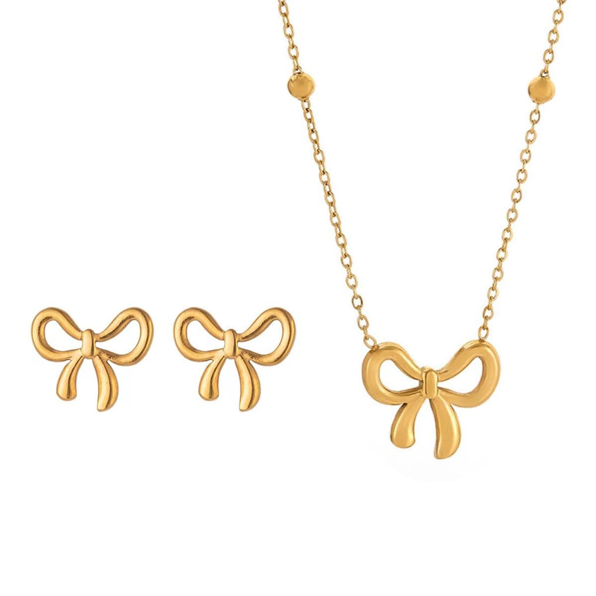 Aaishwarya 18K Gold Plated Waterproof Anti-Tarnish Titanium Steel Bow Pendant Necklace and Stud Set (Pack of 2) | Gift for Women and Girls