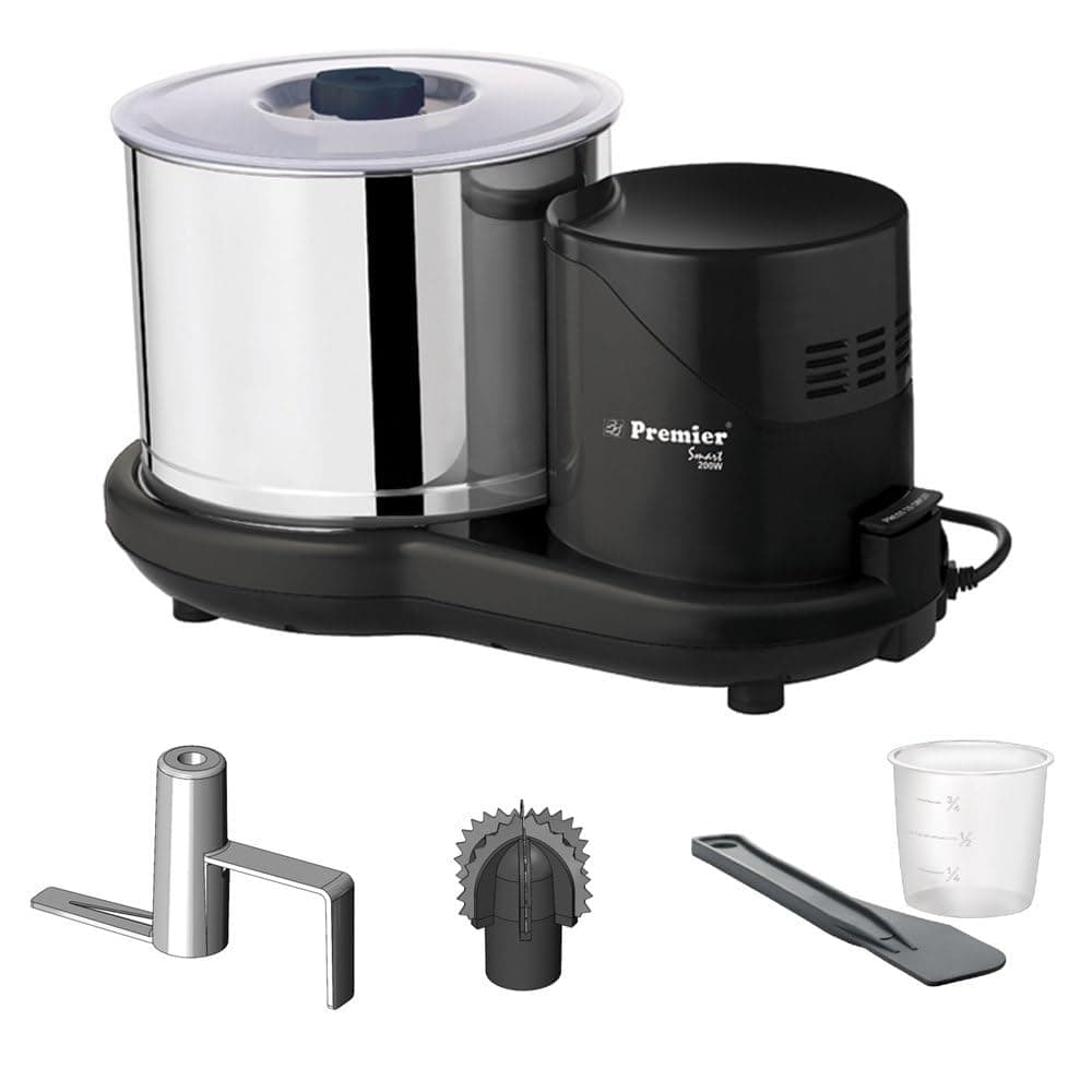 Premier Smart 2 Litre Table Top Wet Grinder 200 Watts 230V | Stainless Steel Drum | Free Coconut Scraper & Dough Kneader | 2 Stone Grinding | Easy Maintenance | 2 Years Motor Warranty | PG512