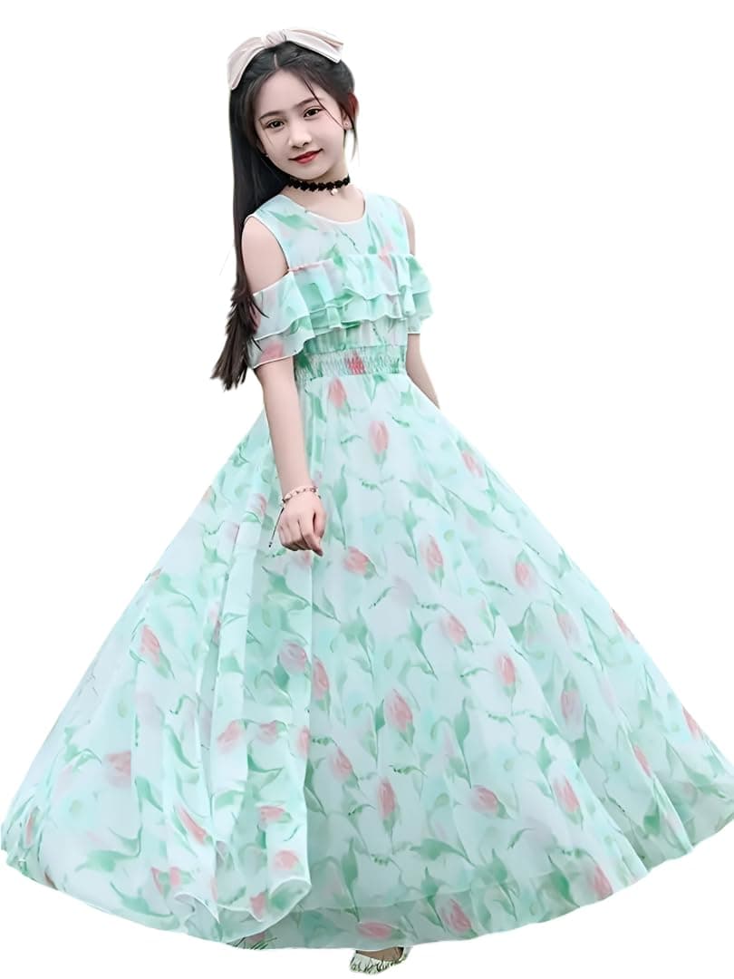 SKYCARRY Elegant Pink Maxi Frock for Girls Stylish Georgette Dress for Kids 5 to 12 Years Ideal for Parties, Birthday Wear, and Western Dresses for Girls