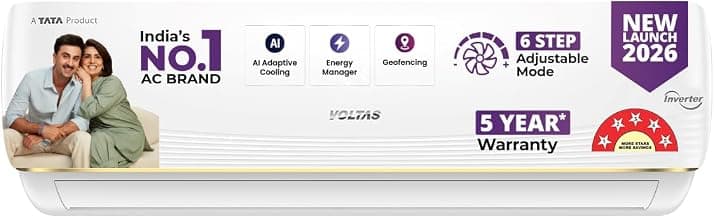 Voltas 1 ton 5 Star, New star rated, Inverter Split AC (Copper, Convertible 6-in-1 cooling modes, Ai Enabled, 4-way Swing, Sleep Mode, Auto Clean (125INV VERTIS AI ZEST GOLD, White)