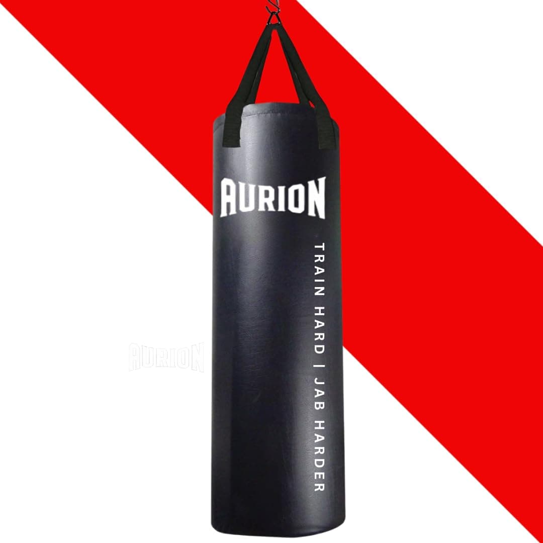 Aurion 4ft Unfilled Heavy Punching Bag | Premium PU Leather Boxing Bag for Home Gym & MMA | Durable Triple-Stitched Nylon Straps for Muay Thai, Kickboxing & Martial Arts Training (Black)