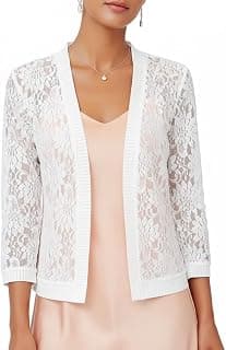 SANNIDHI White Lace Cardigan for Women Fashion Open Front Shrug Cover Up with 3/4 Sleeves and Ribbed Trim, Spring Autumn Layering Top