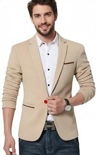 HUMJOLI Men's Slim Fit Blazer, Beige, Single Button, Notch Lapel, Casual Formal Wear