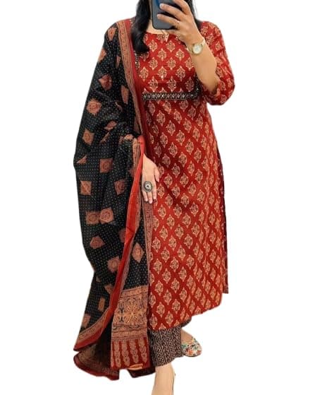 Veqreqmeq Traditional Ethnic Printed Kurta Palazzo Set with Contrast Dupatta, 3/4 Sleeves