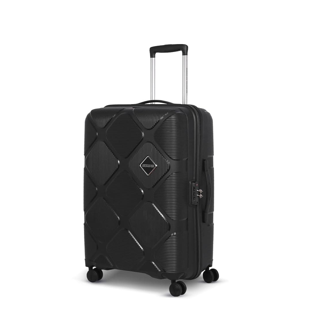 American Tourister Large Instavibe, 79 CM Hard Trolley Bag for Travel Polypropylene Suitcase with Mounted TSA Lock, 8 Wheels Spinner, Flexi Packing Straps, and Side Hooks for Men & Women - Black