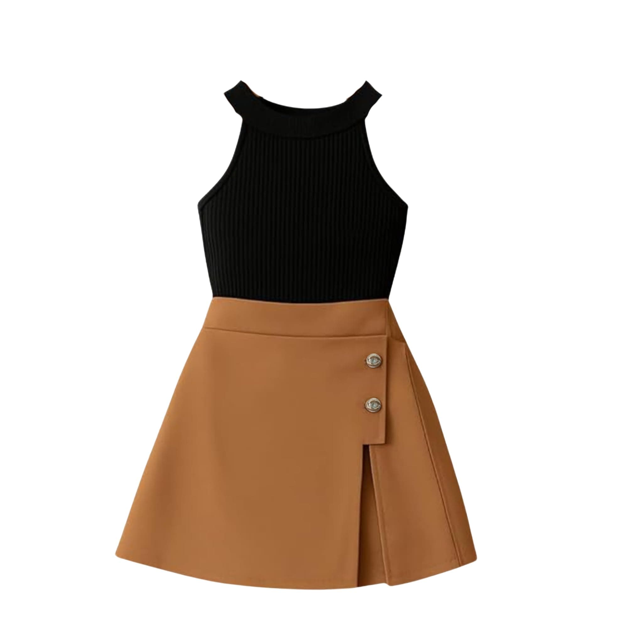 MANVY Girls Sleeveless Ribbed Top & Button Skirt Set | Stylish Two-Piece Casual Outfit & Everyday Wear