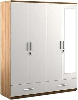 4 Door Wardrobe White and Walnut/with Mirror and Drawer