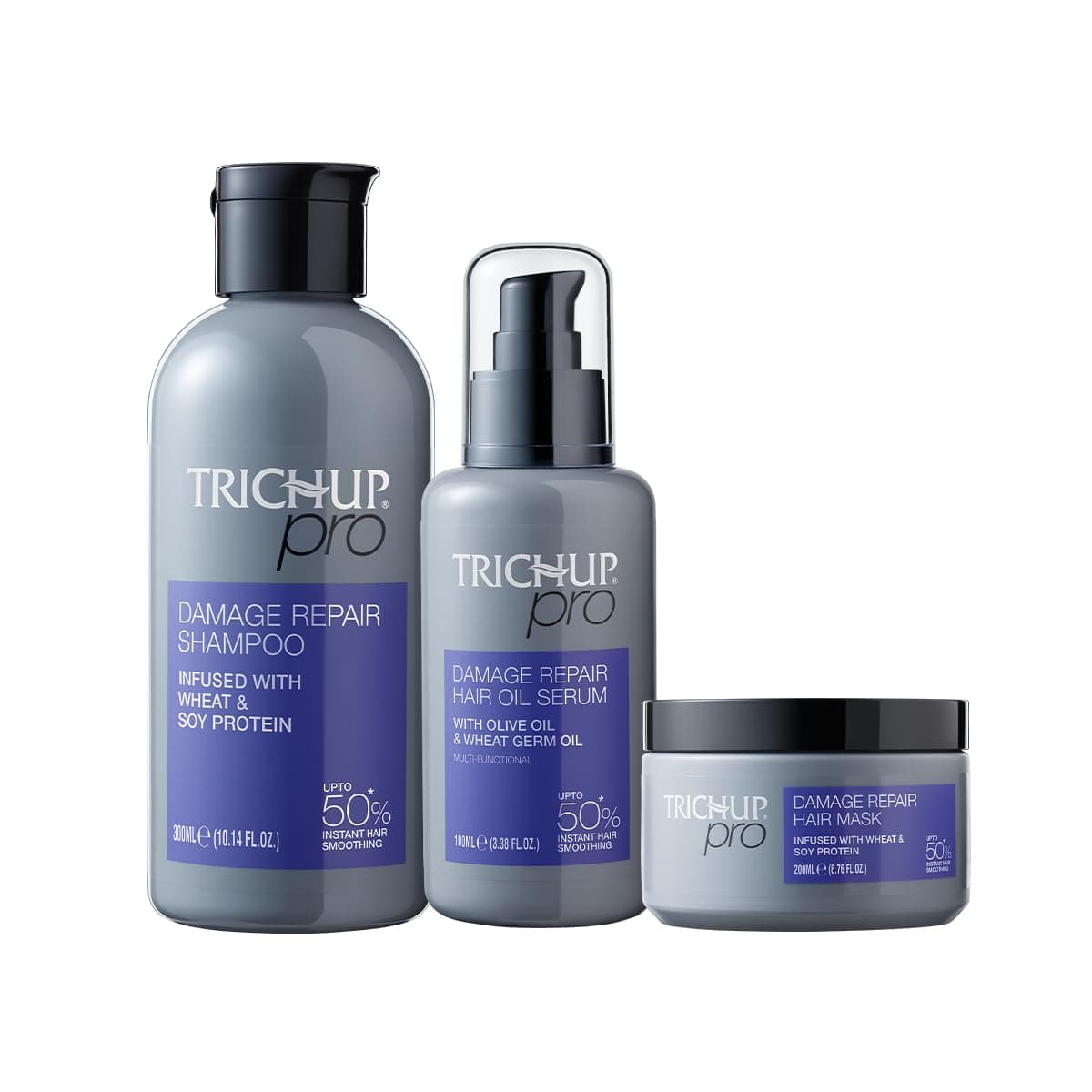 Trichup Pro Damage Repair Hair Care Kit for Dry & Frizzy Hair – Smoothing Shampoo, Hair Oil Serum & Deep Conditioning Hair Mask for Split End Repair, Shine & Manageability (300ml + 100ml + 200ml)