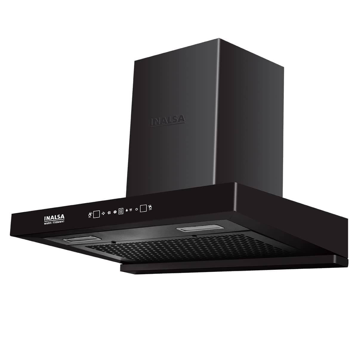 INALSA 75cm 1350 m³/ Chimney for Kitchen Auto Clean, Motion Sensor, Filter less,Touch Control, Efficient Dual LED Lamps,7 yrs warranty on Motor (Made In India)-Maris 75BKMAC