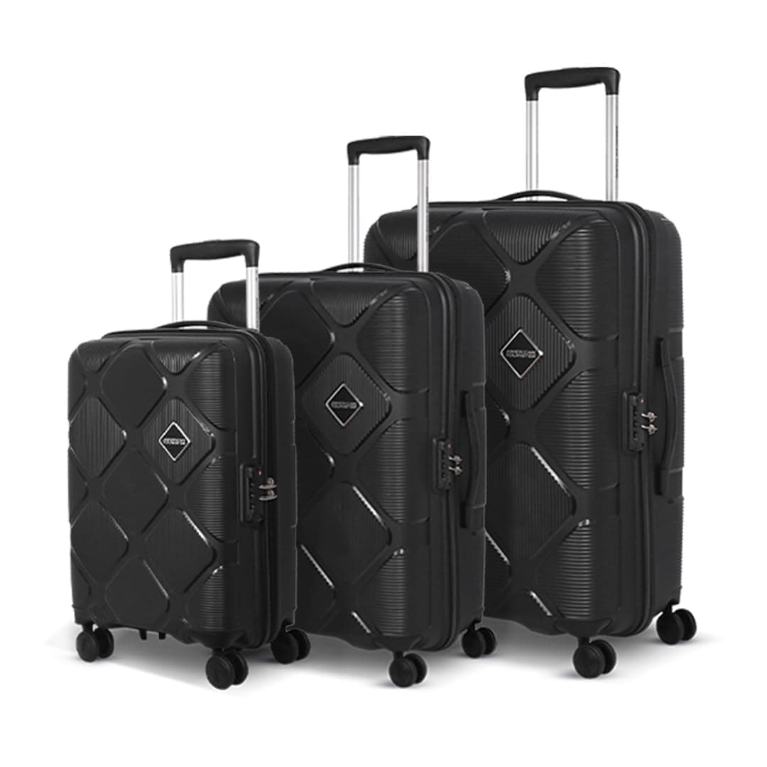 American Tourister 3PC Instavibe, Set Trolley Bag for Travel Polypropelene Hard Suitcase with Mounted TSA Lock, 8 Wheels Spinner, Flexi Packing Straps, and Side Hooks for Men & Women - Black