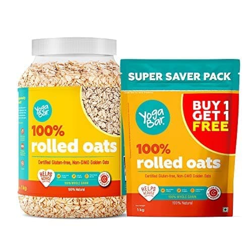 Yogabar 100% Rolled Oats 2kg Combo, 1kg Jar + 1kg Pouch | Gluten-Free, High-Fibre Wholegrain Oats | Nutritious Breakfast Cereal, Easy-to-Cook