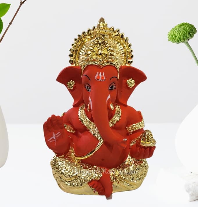 Electrum Kala udyam Gold Plated Ganesha for Car Dashboard, Office Desk, and Festive Gifting (GOLDORANGEMUKUT 3.5"), Car
